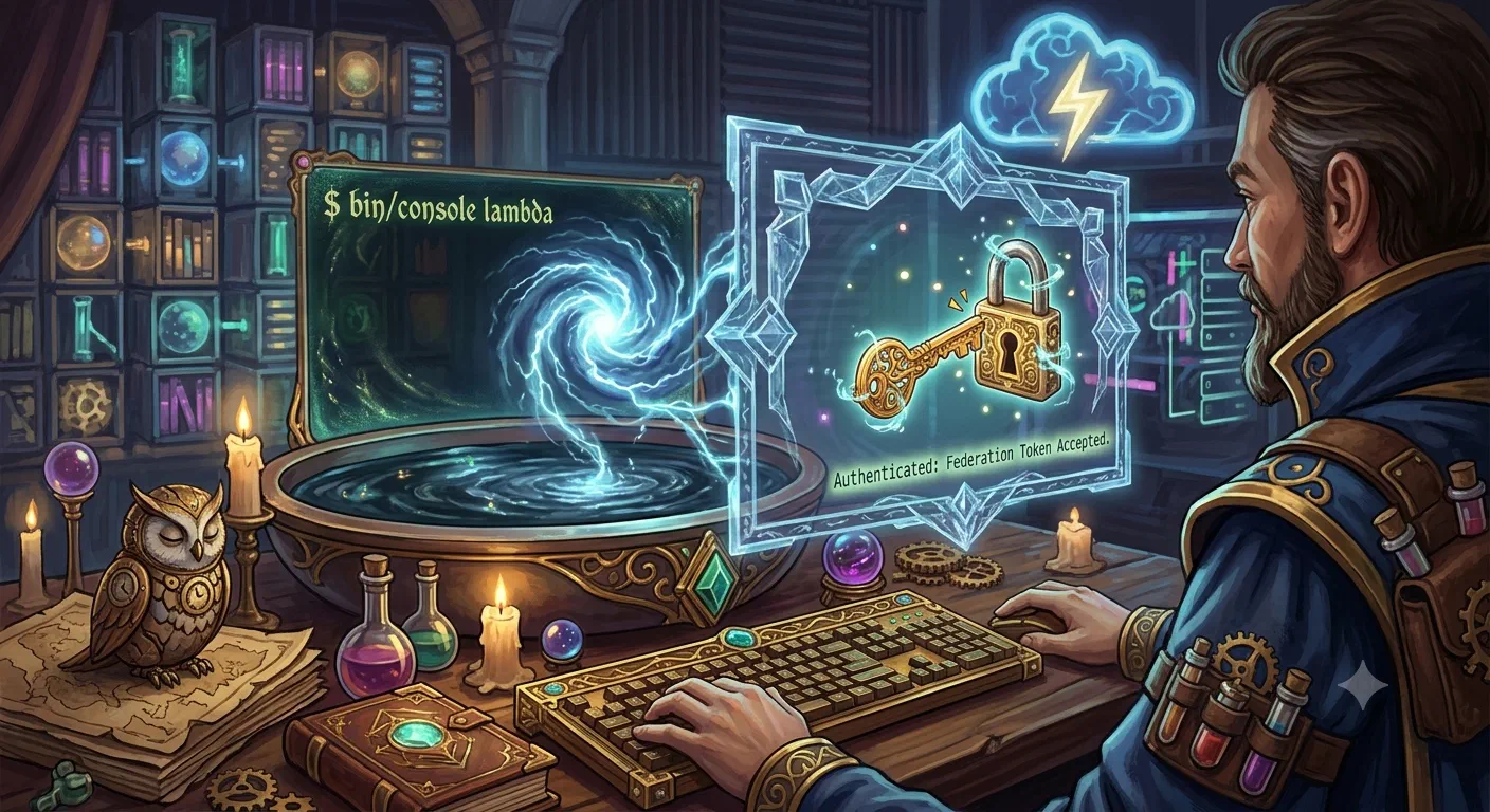 A steampunk wizard at a brass keyboard in a candlelit study. One screen is a terminal reading “$ bin/console lambda” over a glowing blue portal; a floating crystalline frame beside it shows an ornate key sliding into a padlock with the caption “Authenticated: Federation Token Accepted”, topped by a storm cloud shooting lightning. A clockwork owl and potion bottles sit on the desk.