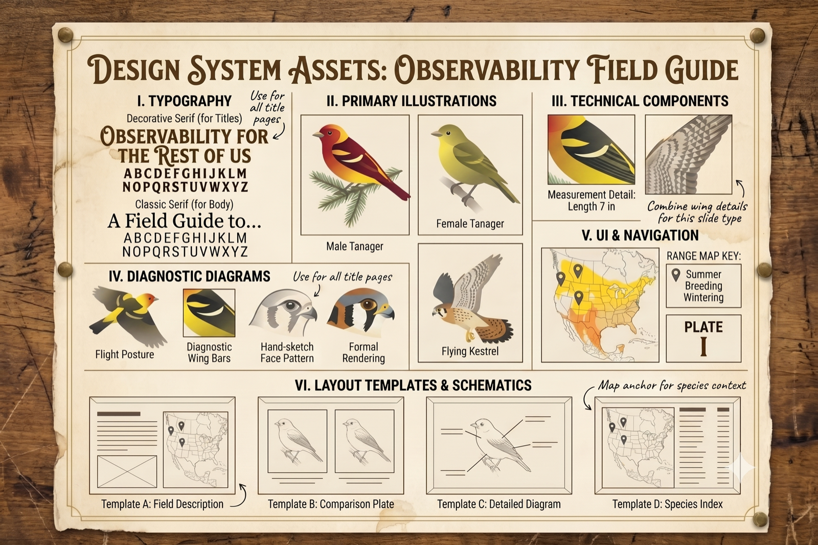 A design-system board styled as a printed field-guide plate pinned to a wooden board. Sections labeled with roman numerals cover Typography (decorative serif for titles, classic serif for body), Primary Illustrations (male and female tanagers, a flying kestrel), Technical Components (measurement detail, wing bars), Diagnostic Diagrams, UI & Navigation (a range map with a key and a “Plate I” badge), and Layout Templates A–D. Handwritten annotations with curved arrows point into the artwork.