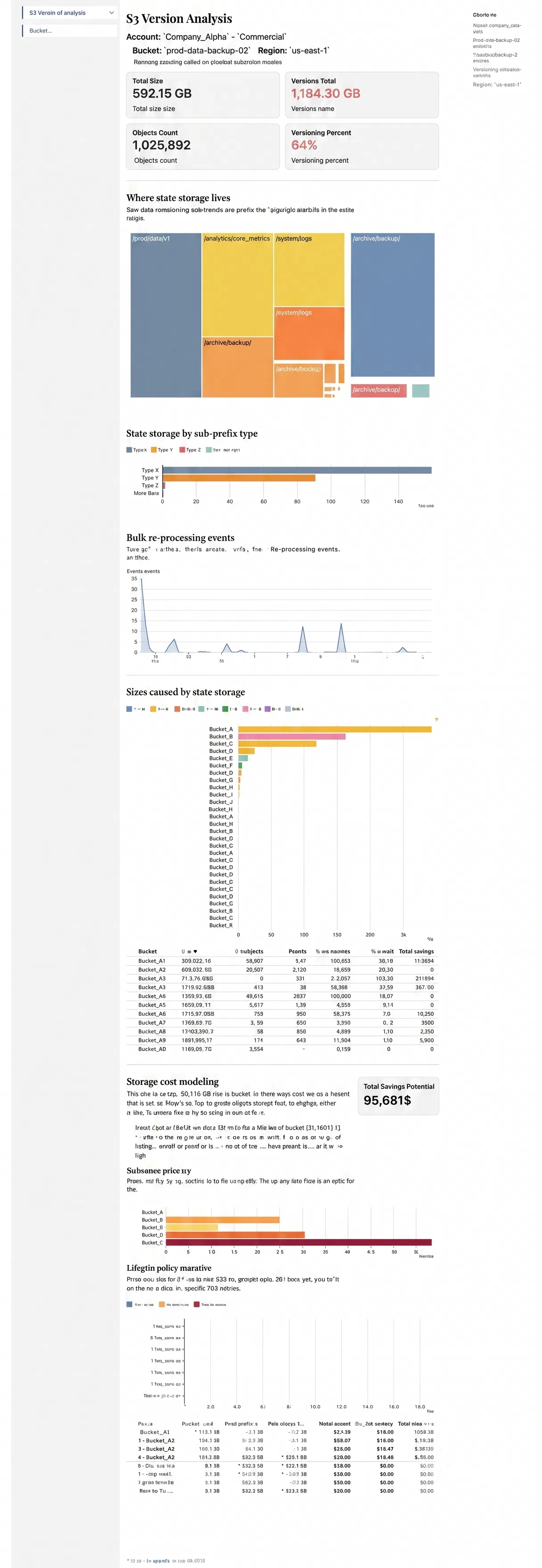 Screenshot of an S3 Version Analysis dashboard built in Observable Framework: header stats for total size, versions total, objects count, and versioning percent; a treemap of storage by prefix; stacked bars of state storage by sub-prefix type; a bulk re-processing events timeline; per-bucket size breakdowns; and a storage cost modeling section showing total savings potential.