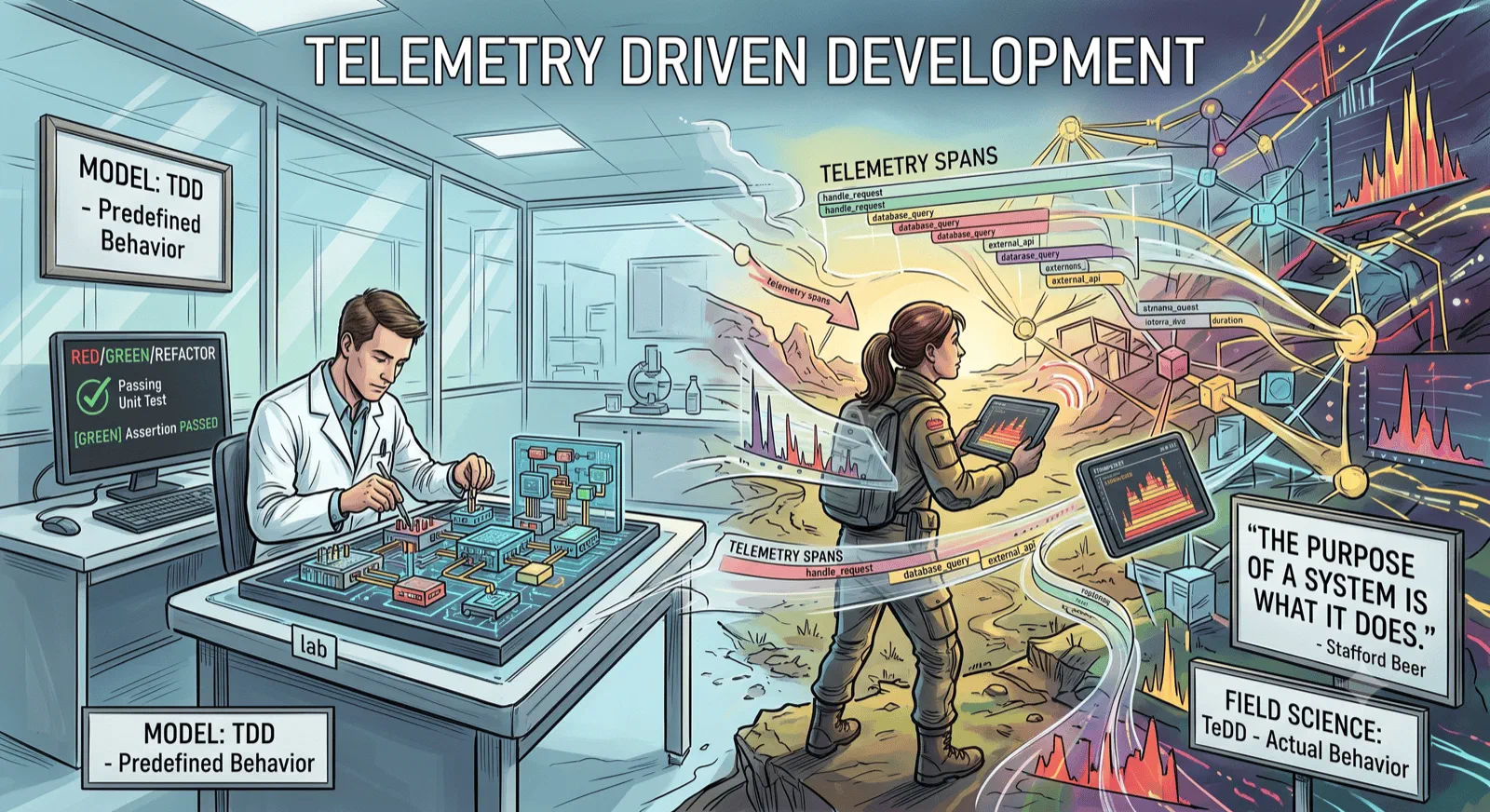 Split illustration: on the left, an engineer in a lab coat working at a workbench with red/green/refactor monitors labeled “MODEL: TDD — Predefined Behavior”; on the right, a field-scientist figure walking through a landscape of telemetry span waterfalls and flame graphs, alongside a placard reading “The purpose of a system is what it does — Stafford Beer” and “FIELD SCIENCE: TeDD — Actual Behavior”.